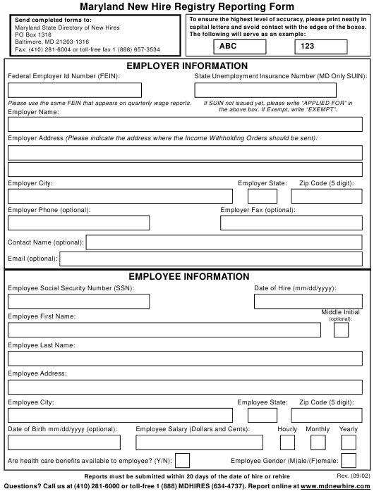 Maryland New Hire Registry Reporting Form Download Printable PDF ...