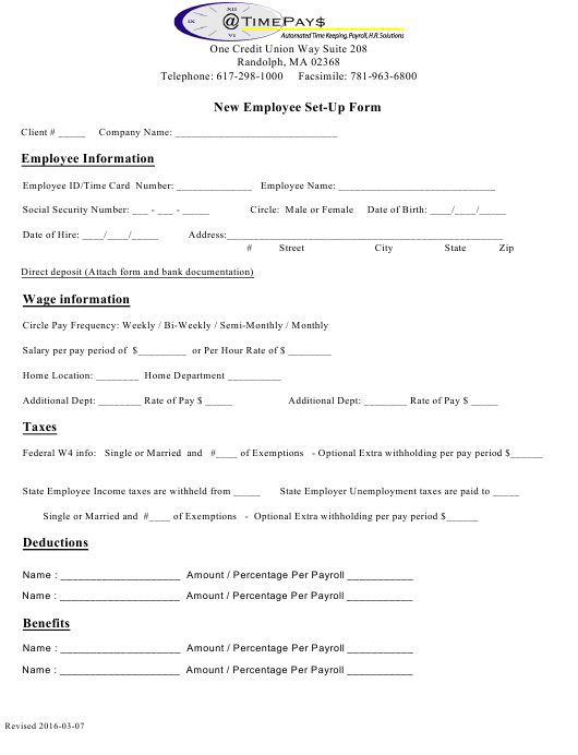 Massachusetts New Employee Set Up Form Timepays Download Printable