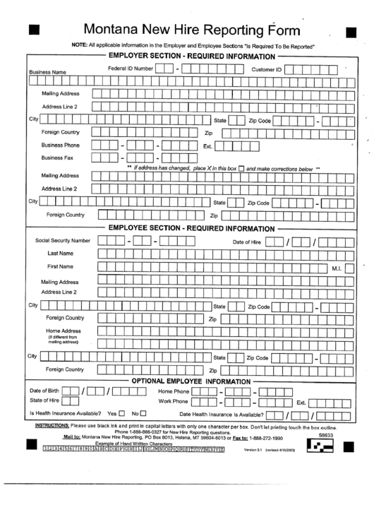 Montana New Hire Reporting Form Printable Pdf Download