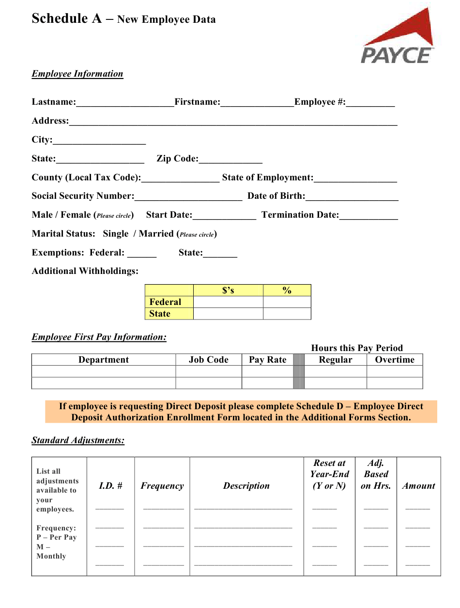 New Employee Data Form Payce Download Printable PDF Templateroller