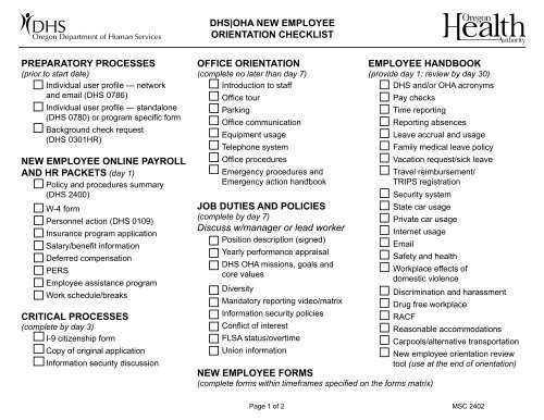 New Employee Orientation Checklist Oregon DHS Applications Home