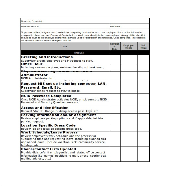 New Hire Checklist Template 18 Free Word Excel PDF Documents 