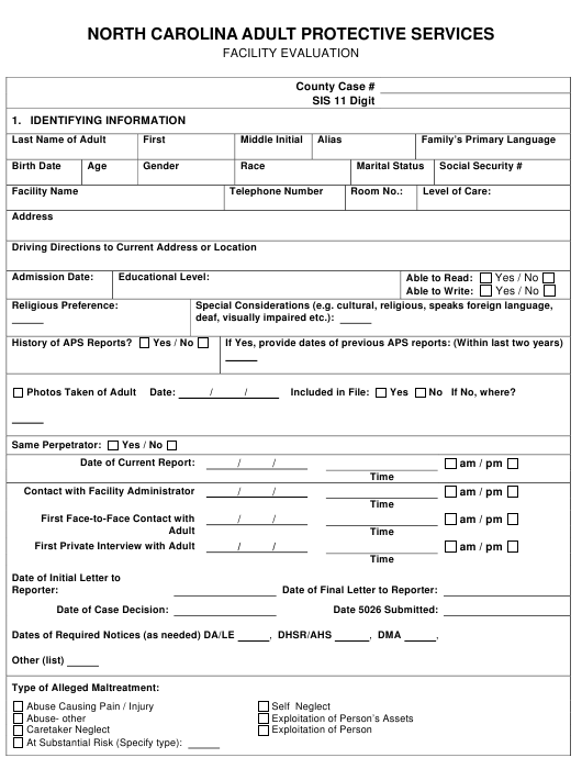 North Carolina Facility Evaluation Form Download Printable PDF 