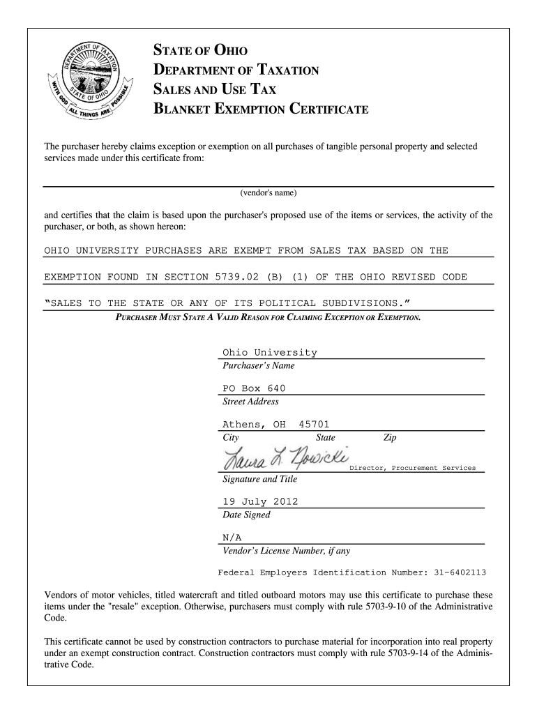 Ohio Tax Exempt Form Fill Online Printable Fillable Blank PdfFiller