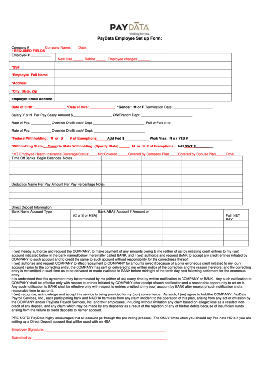 Paydata Employee Set Up Form Printable Pdf Download