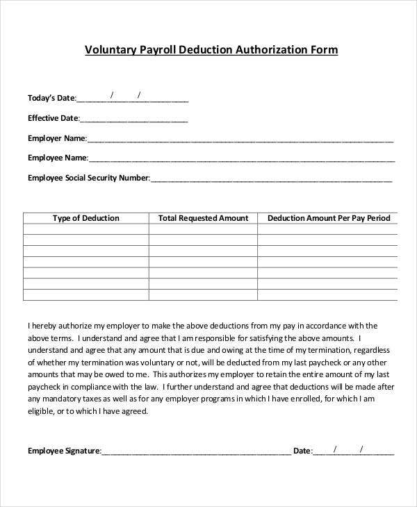 Payroll Deduction Form Template 10 Free Sample Example Format 