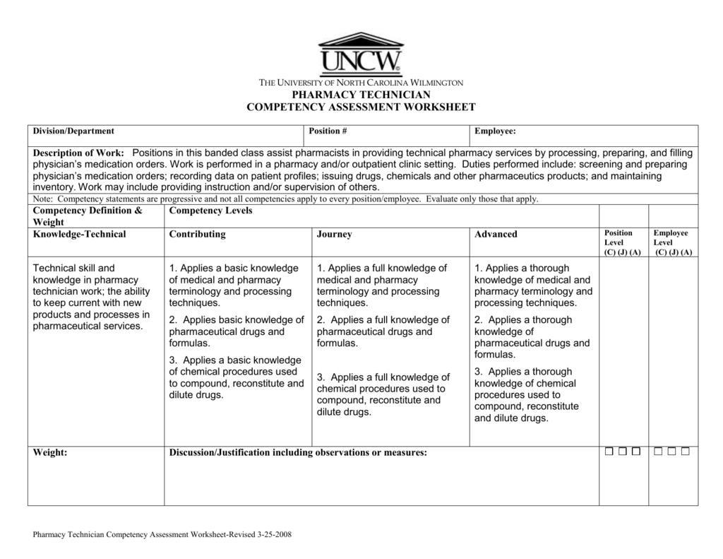 Pharmacy Technician Competency Assessment Worksheet