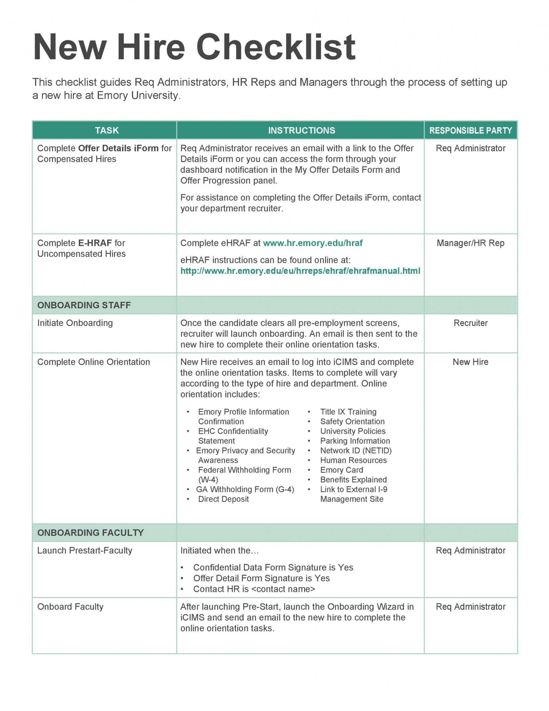 Printable 50 Useful New Hire Checklist Templates Forms Templatelab 