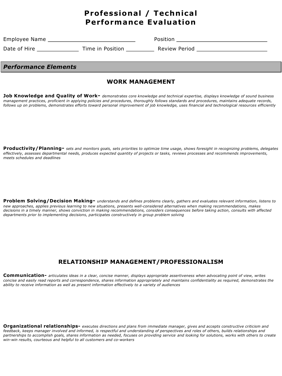 Professional Technical Performance Evaluation Form Download Printable 