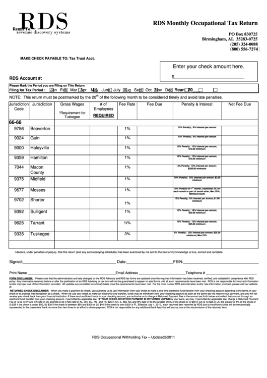 Rds Monthly Occupational Tax Return Form Printable Pdf Download