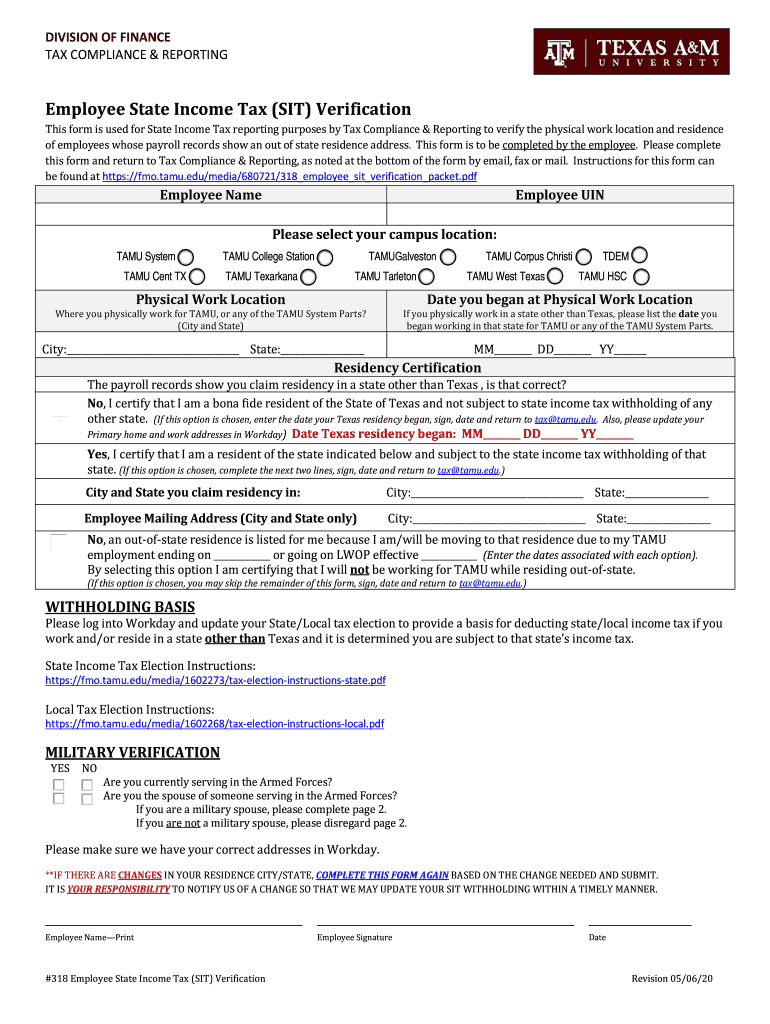 TAMU Employee State Income Tax SIT Verification Packet 2020 2022