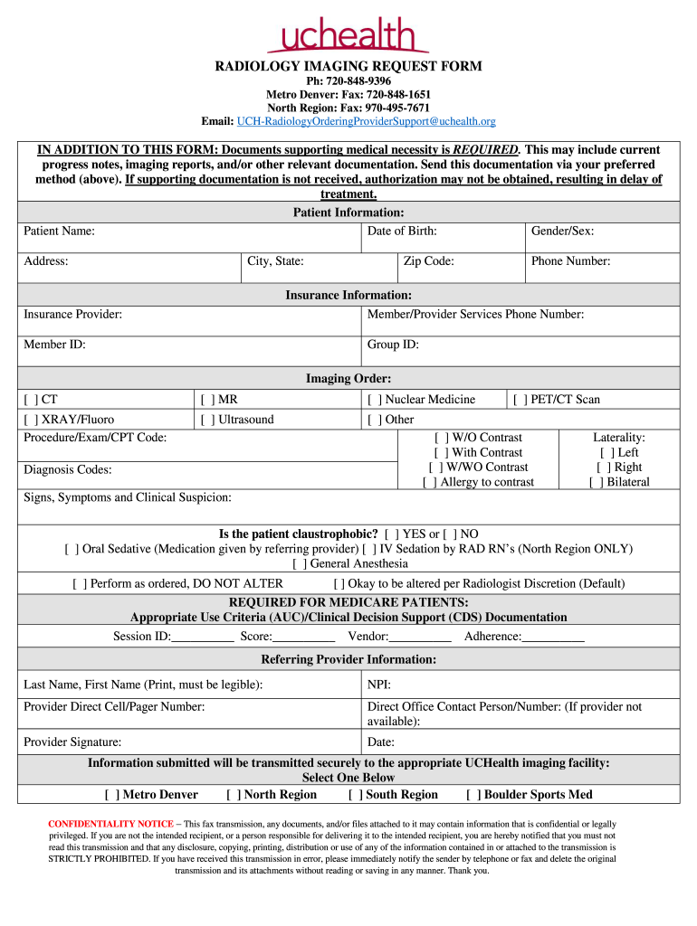 UCHealth Radiology Imaging Request Form Fill And Sign Printable