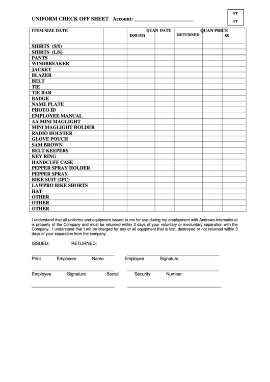 Uniform Check Off Sheet Printable Pdf Download