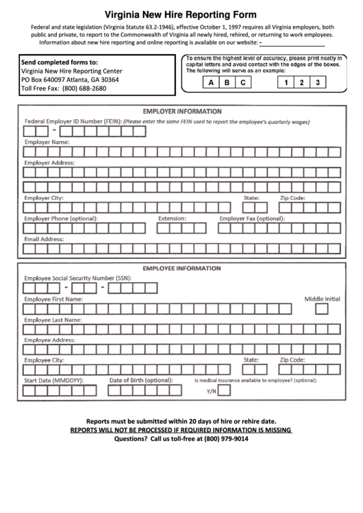 Virginia New Hire Reporting Form Printable Pdf Download