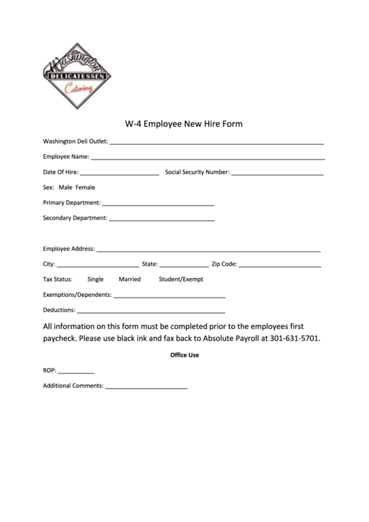 W4 Employee New Hire Form Washington Deli Printable Pdf Download