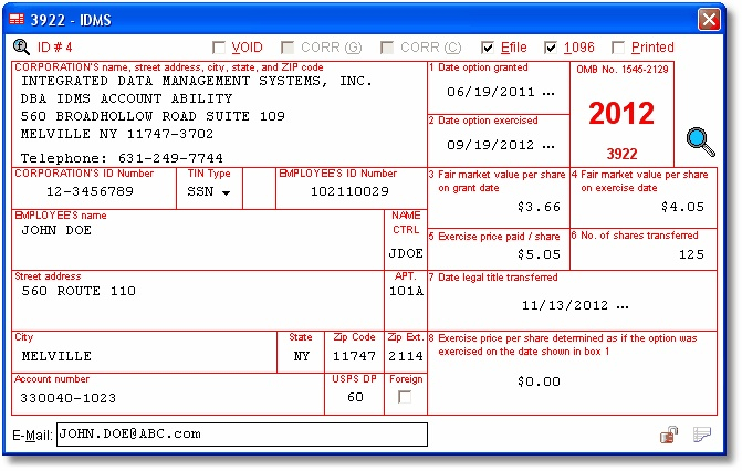 3922 User Interface IRS Sec 6039 Compliance Transfer Of Stock 