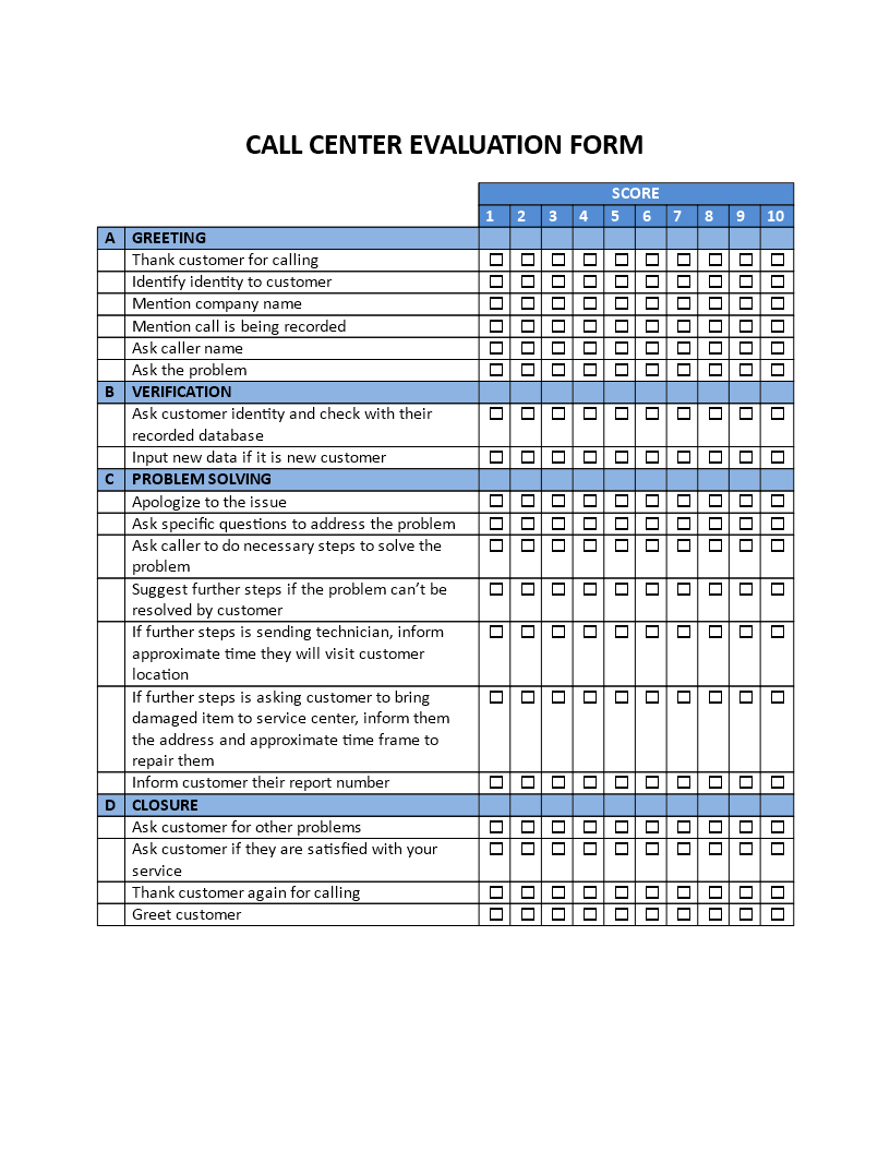 Call Center Evaluation Form Call Center Evaluation Form Evaluation