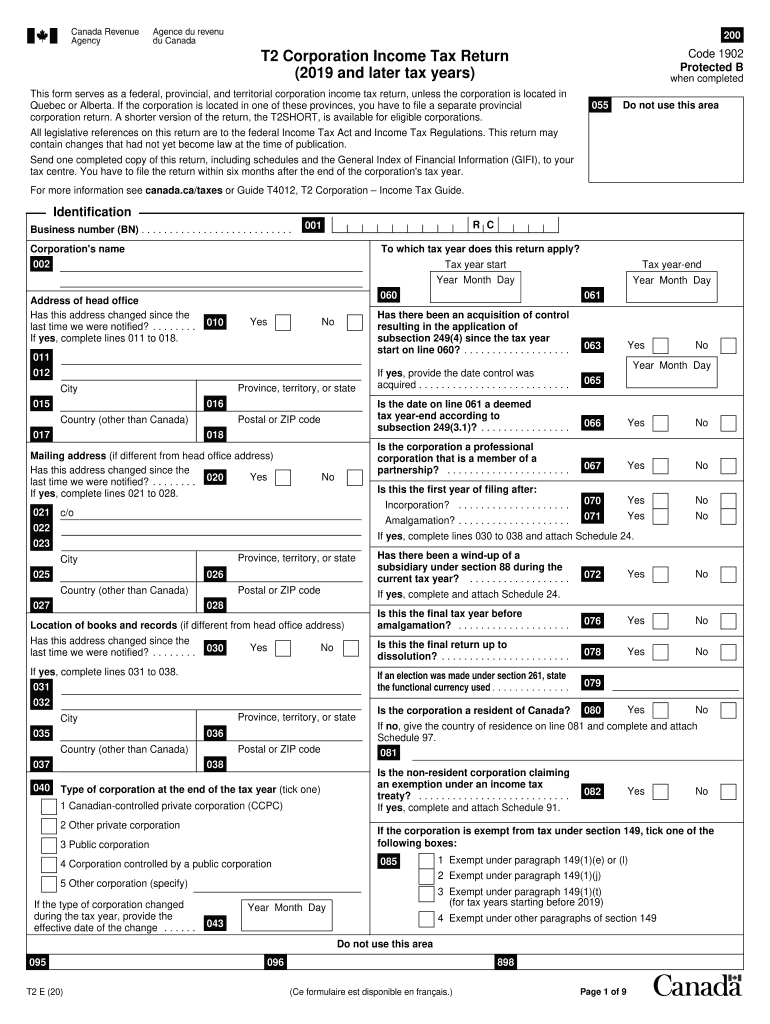 Canada T2 Corporation Income Tax Return 2020 2022 Fill And Sign