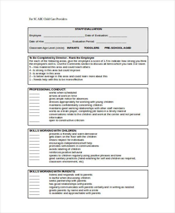 Child Care Employee Evaluation Forms Tweinsyoublog