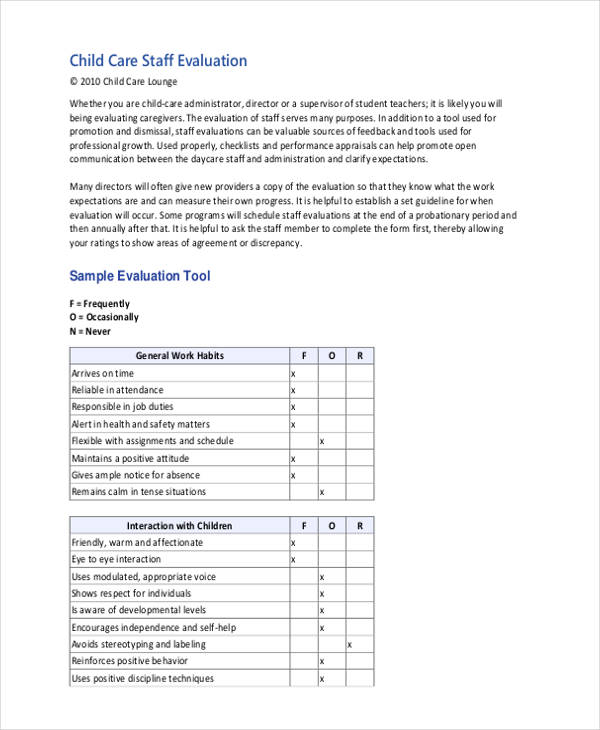 Child Care Employee Evaluation Forms Tweinsyoublog