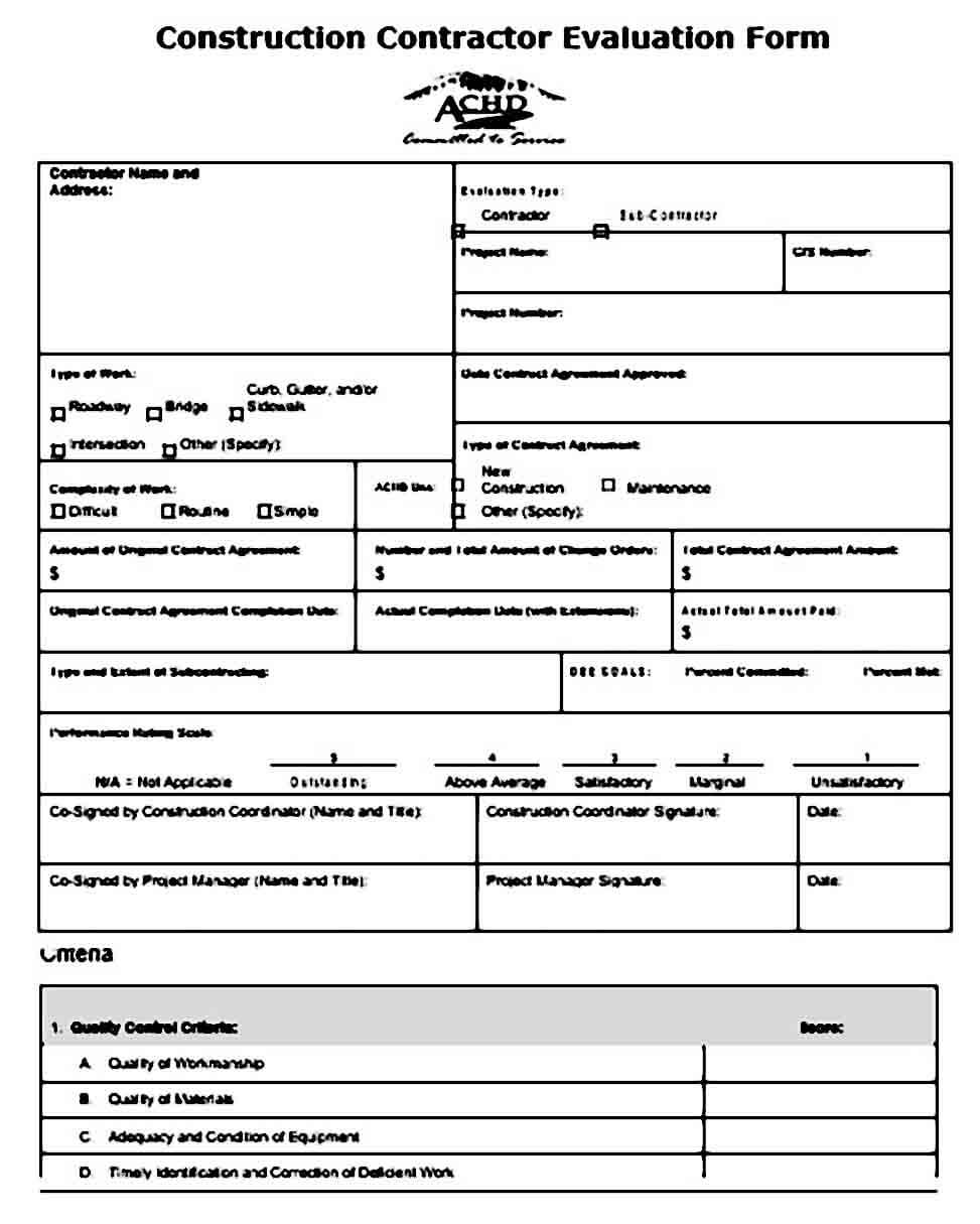 Construction Contractor Evaluation Form Employee Evaluation Form