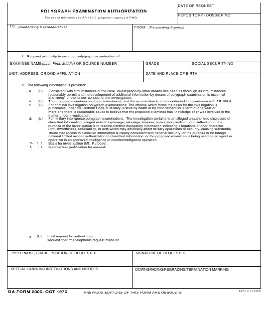 DA Form 2805 Download Fillable PDF Or Fill Online Polygraph Examination