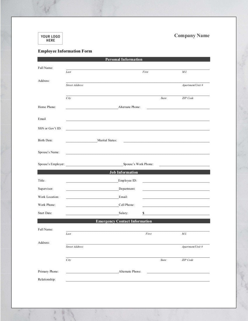 Easy To Edit Employee Information Printable Form Microsoft Etsy