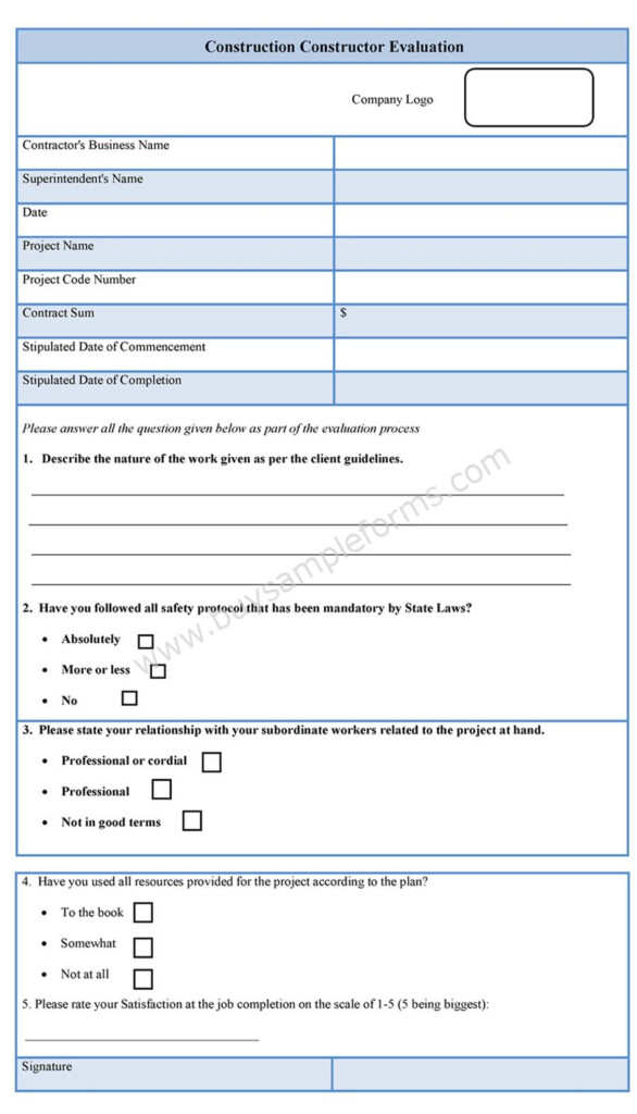 Employee Evaluation Construction Forms For Contractors 2022 