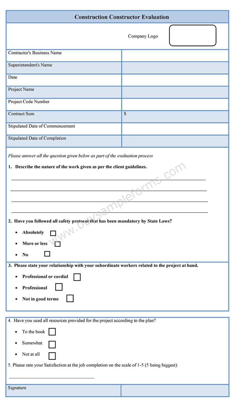 Employee Evaluation Construction Forms For Contractors 2022 