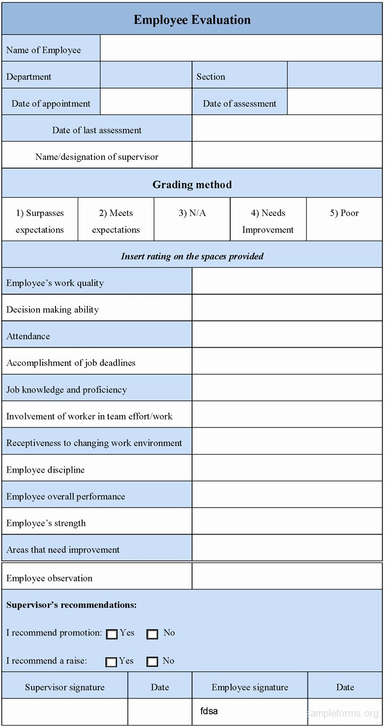 Employee Evaluation Form Template New Employee Evaluation Form Sample