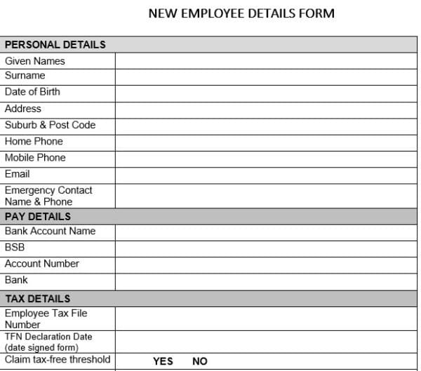 Employee Inductions New Employee Details Form