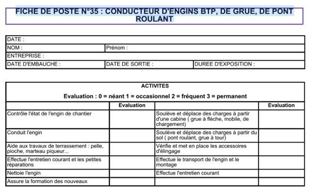 Fiche De Poste De Conducteur D engins BTP Grue Pont Roulant