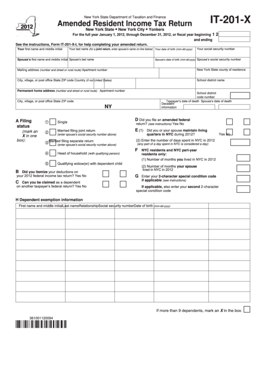 Fillable Form It 201 X Amended Resident Income Tax Return 2012