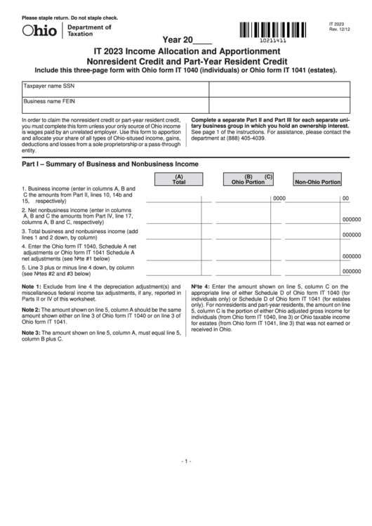 Fillable Form It 2023 Income Allocation And Apportionment Nonresident 