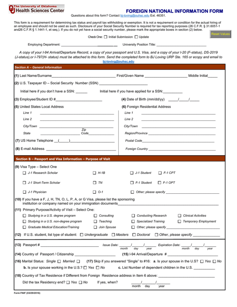 FOREIGN NATIONAL INFORMATION FORM