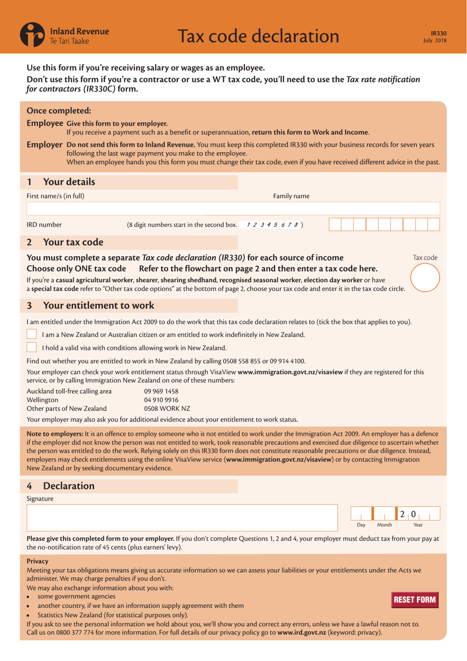 Form IR330 Download Fillable PDF Or Fill Online Tax Code Declaration