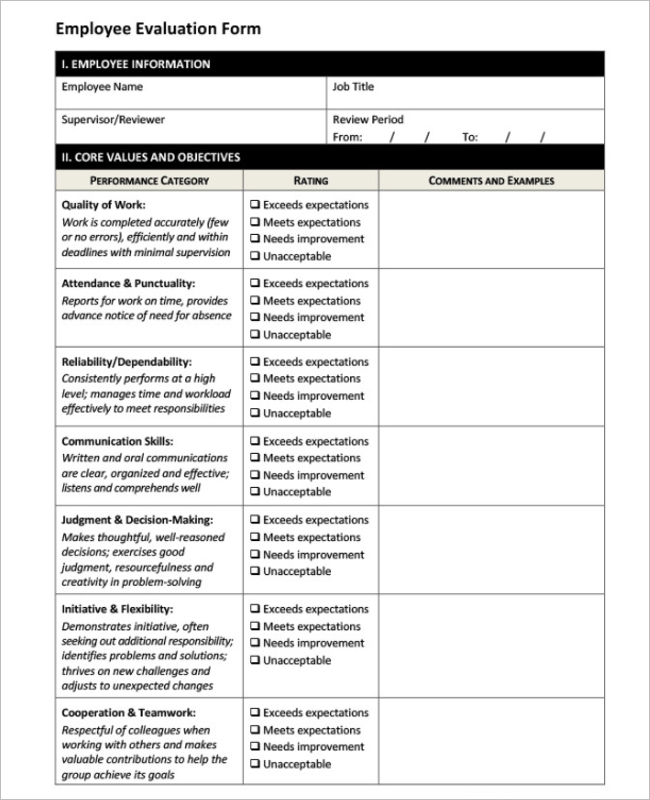 Free Employee Self Evaluation Form Template Word