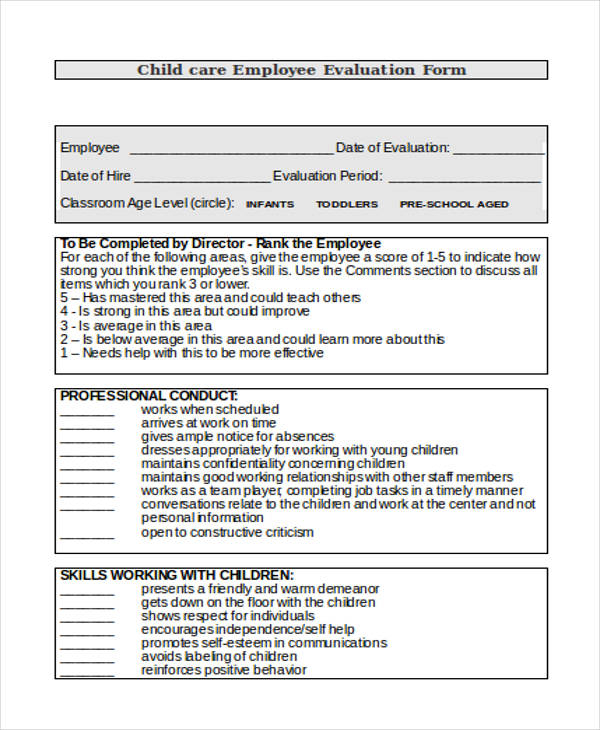 Free Printable Child Care Staff Evaluation Form 2022