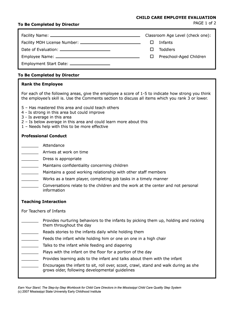 Free Printable Child Care Staff Evaluation Form