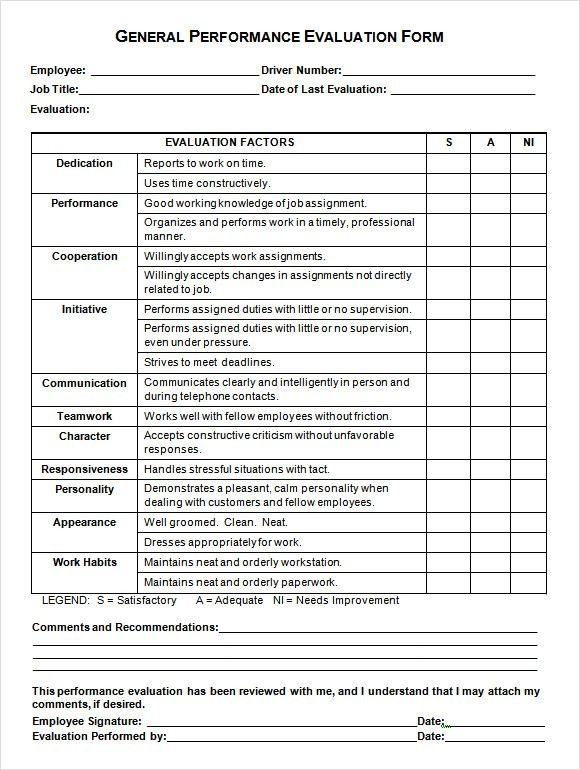 General Performance Evaluation Form Performance Evaluation