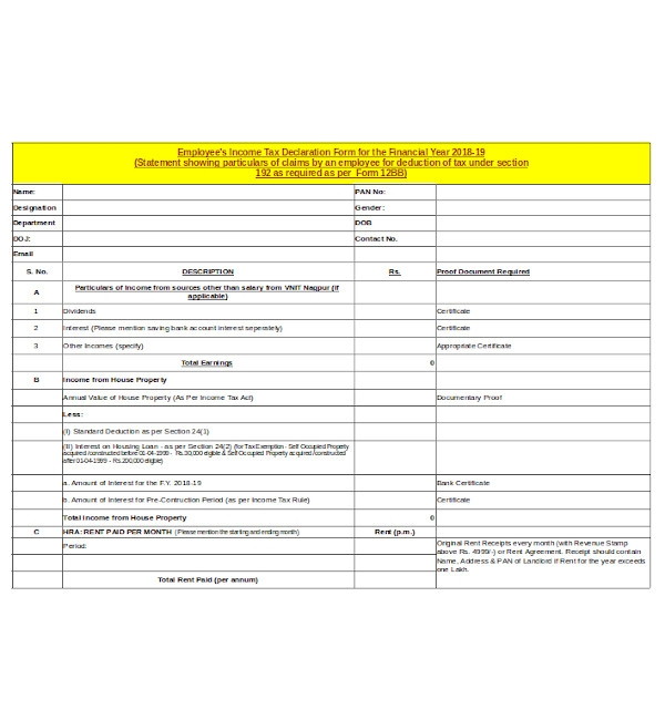 Income Tax Declaration Form For Employee In Excel Format 2023 