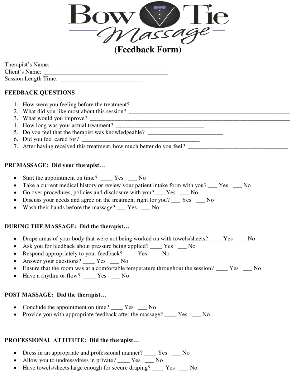 Massage Feedback Form Bow Tie Massage Download Printable PDF