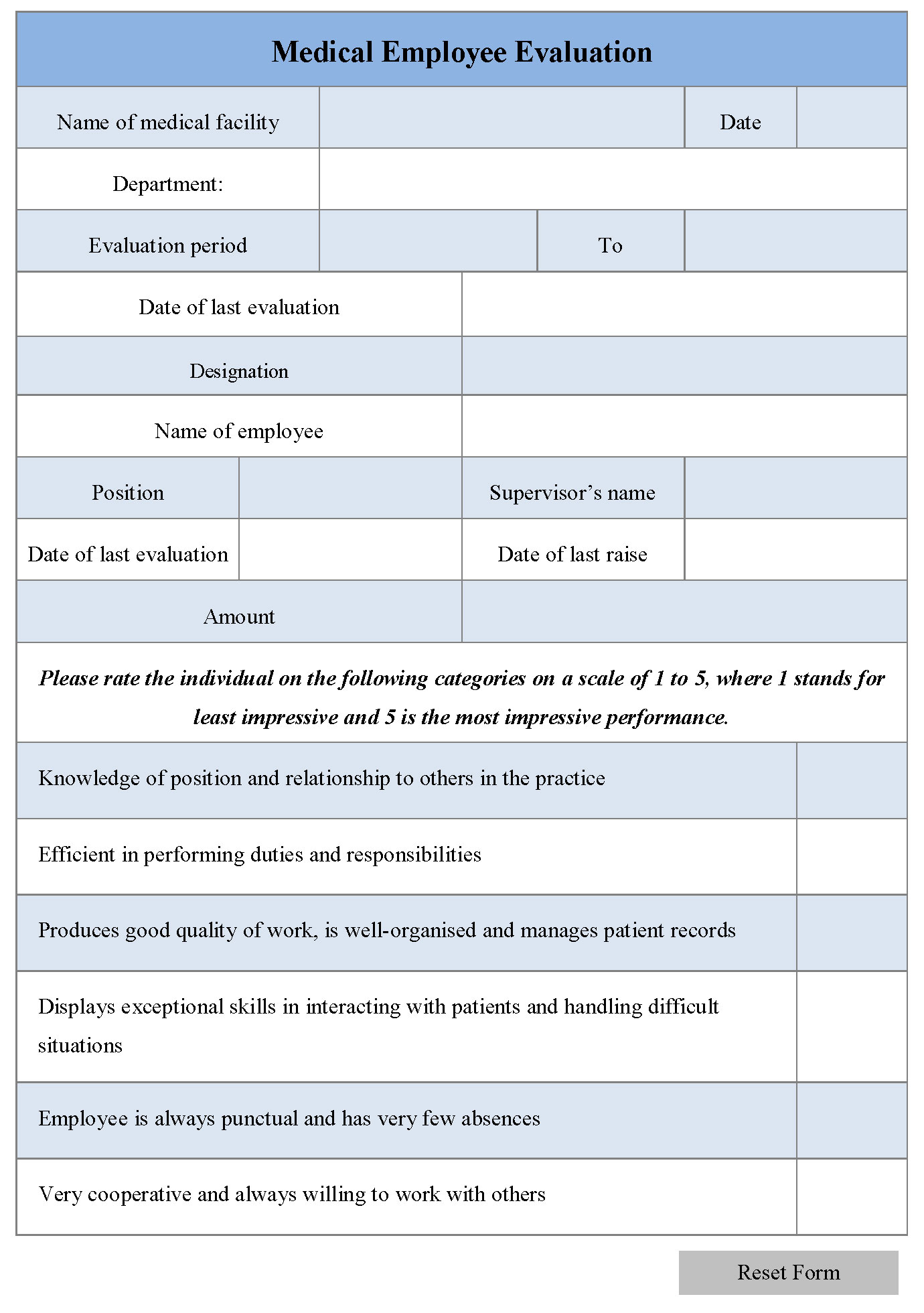 Medical Employee Evaluation Form Editable Forms