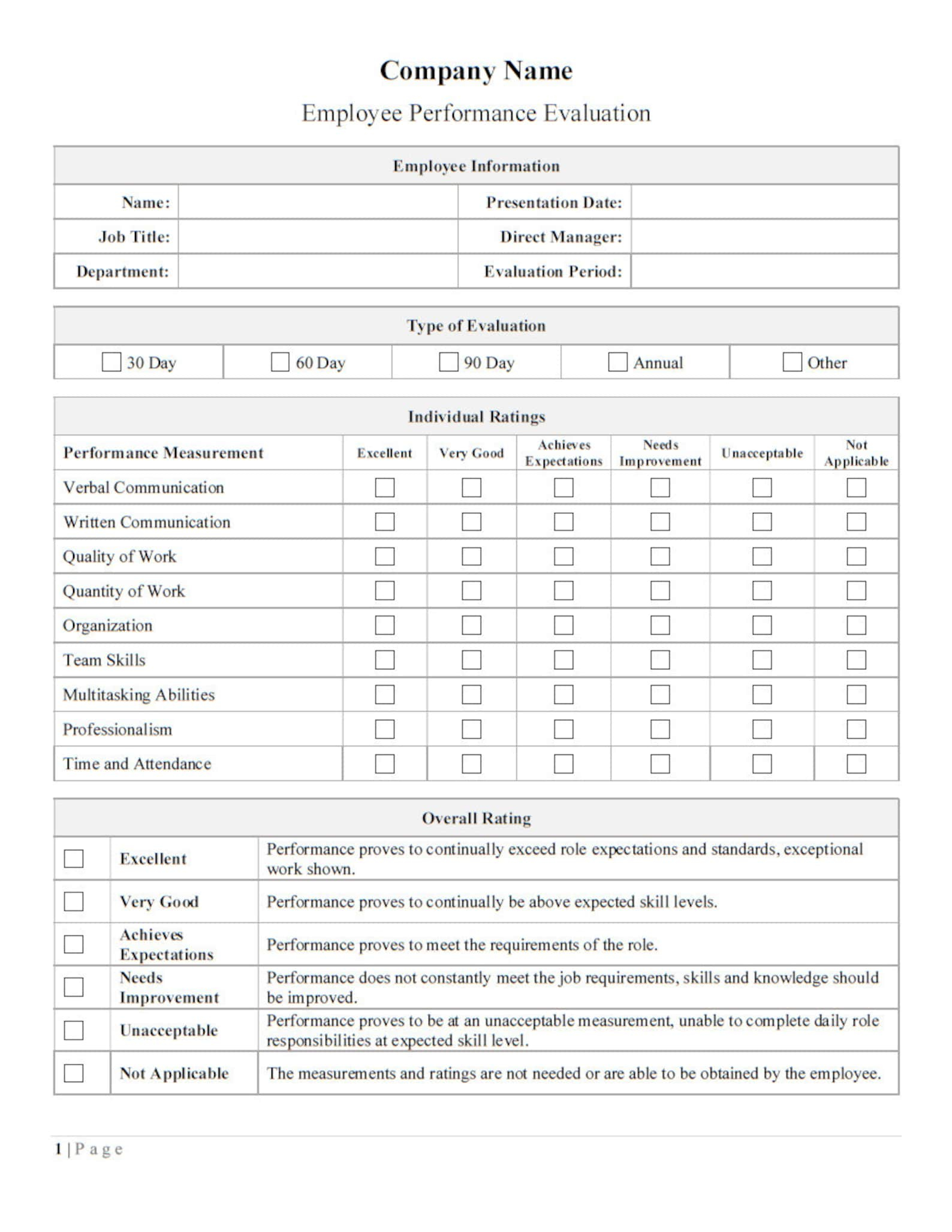 MS Word employee Performance Evaluation Template Etsy