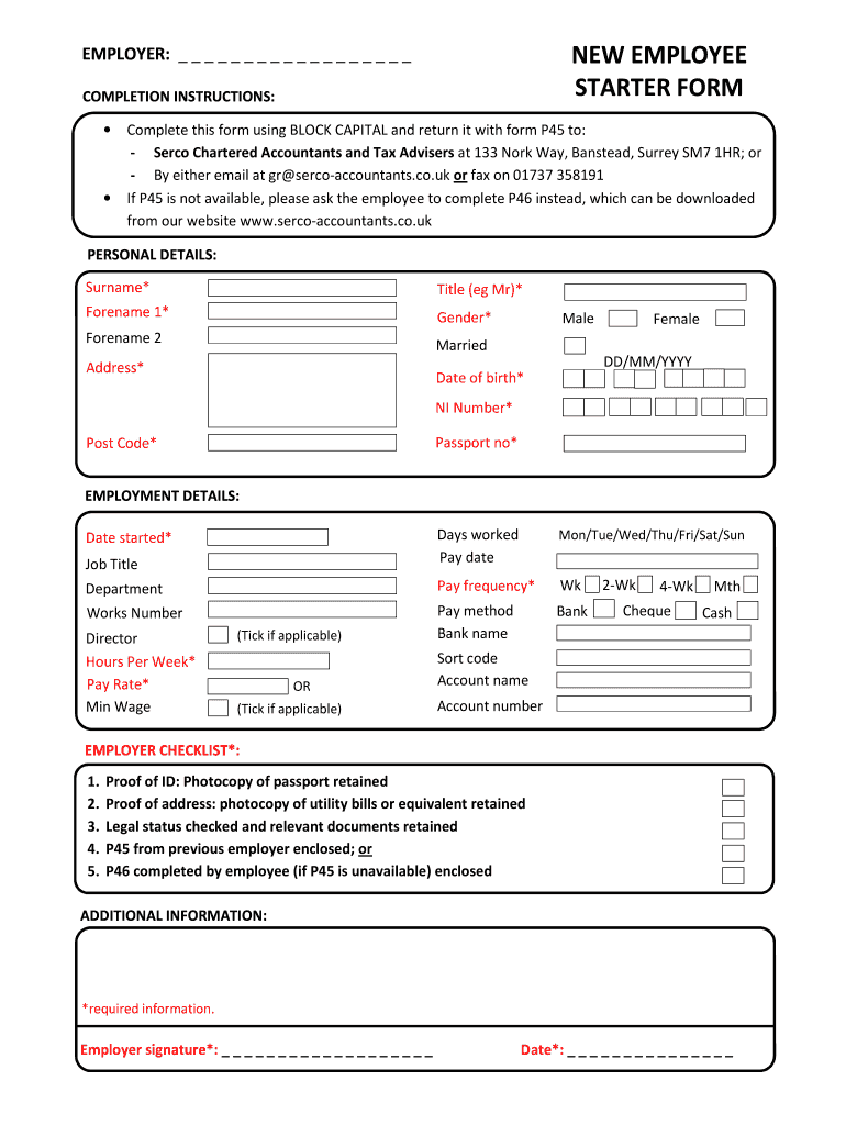 New Employee Starter Form Fill Out Sign Online DocHub