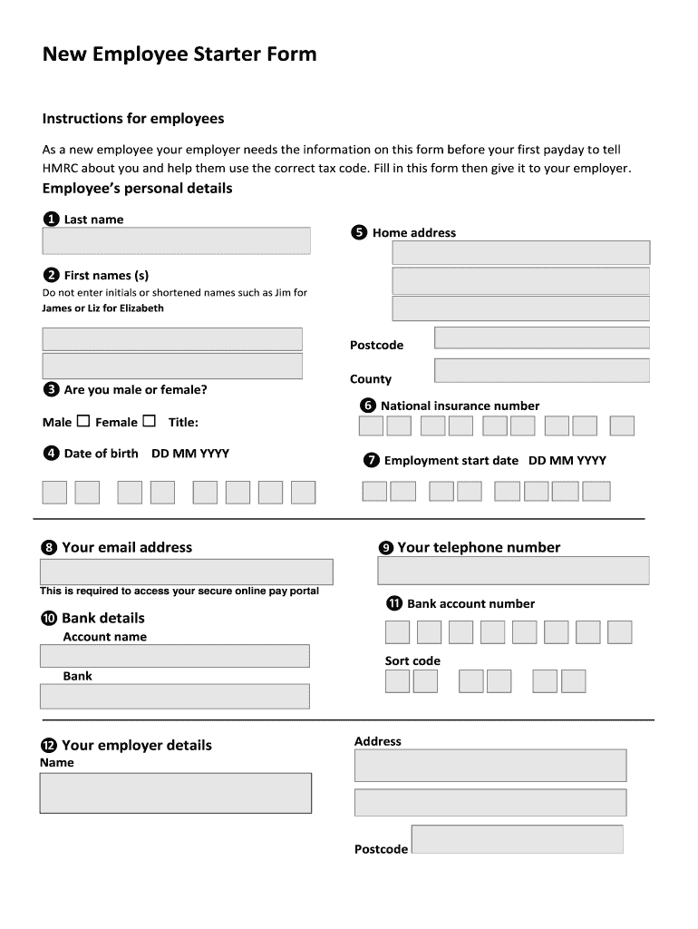 New Employee Starter Form Template Word Fill Online Printable 