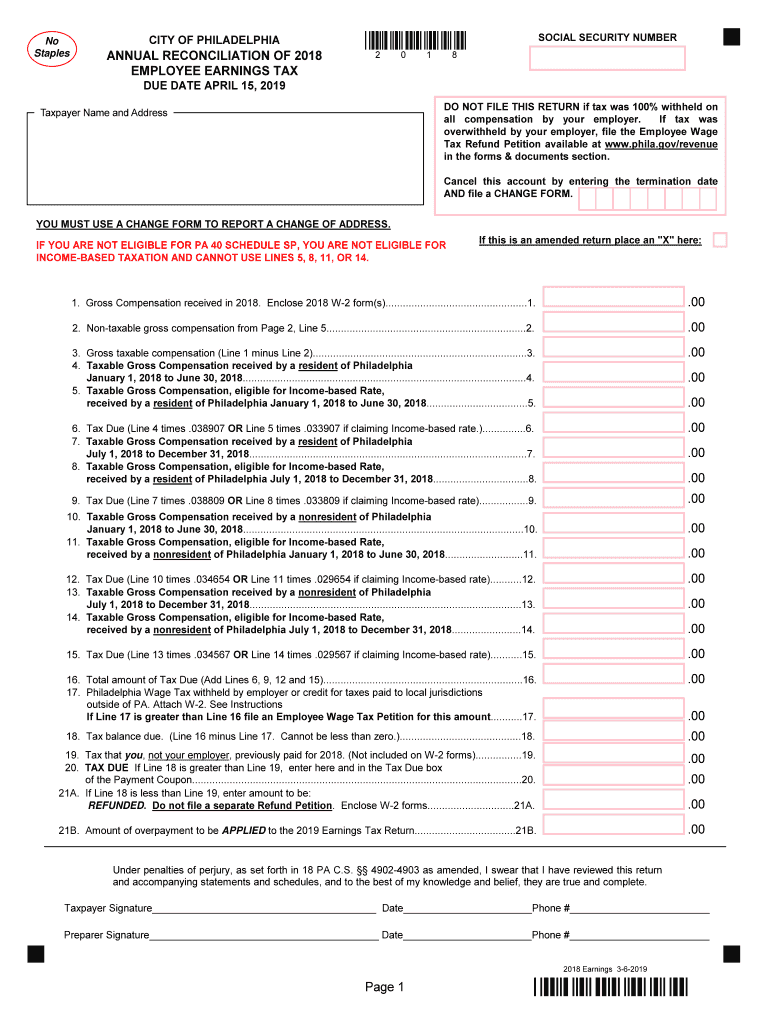 PA Annual Reconciliation Employee Earnings Tax City Of Philadelphia