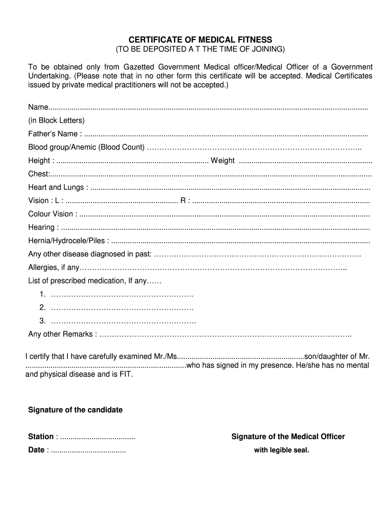 Physical Fitness Certificate Format For Joining New Duty Fill Out 