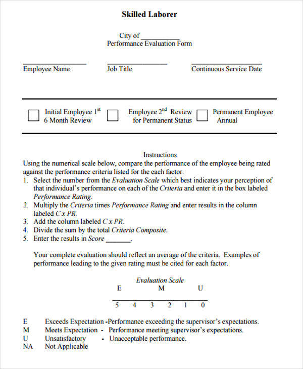 Printable Construction Employee Evaluation Form 2023 Employeeform