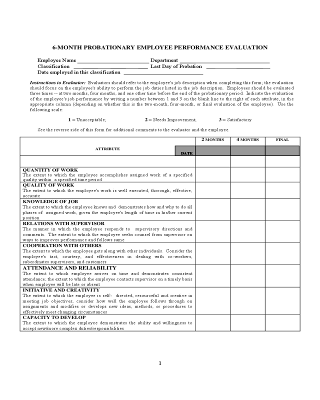 Probation Employee Performance Evaluation Form Employee Evaluation Form